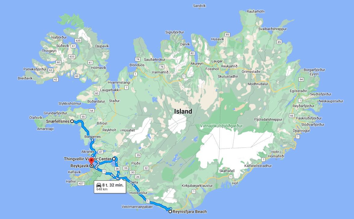 Itinerary map of Glorious glaciers tour