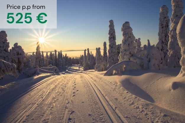 Ski track on a clear blue sky in Lapland Finland