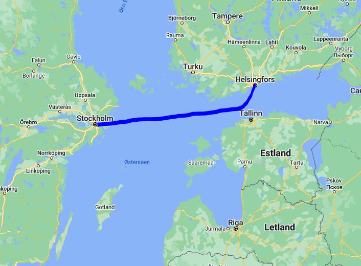 Map showing the tour from strockholm to helsinki on cruise