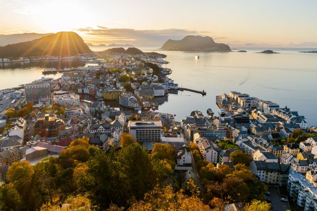 View over Ålesund with the sun setting