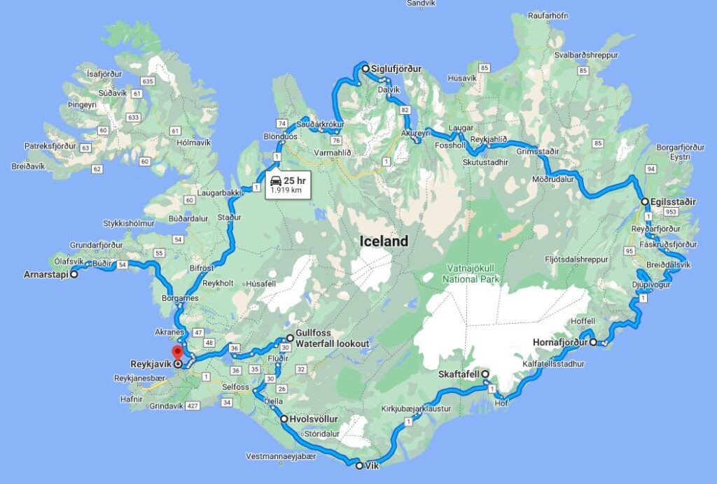 Map showing the route across iceland for this tour