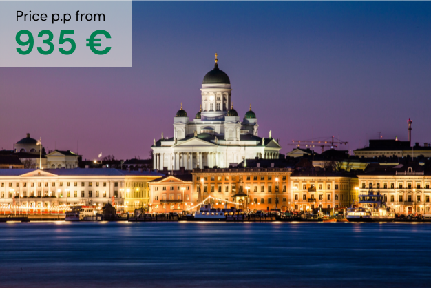 Helsinki from the sea side with night light showing the cathedral as a presentation of "Baltic Treasures´´ tour. Price per person from 935€