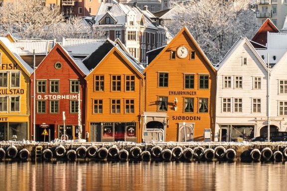 Bryggen in Bergen during winter time with snow