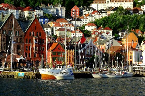 Bryggen Habour in Bergen with sail boats from the sea side