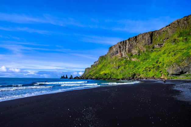 Black sand beach on Iceland with blue sky and green vegetation