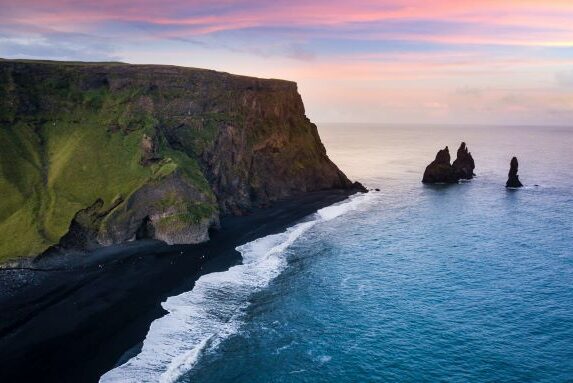 Picture of a cliff from Black sand beach. In Vik, Iceland.