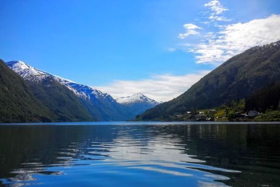 View of the Fjærland Fjords in Norway on a clear blue sky