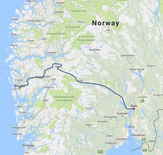 Map showing the rute from Oslo to Bergen on the tour Fjords in Winter Colors