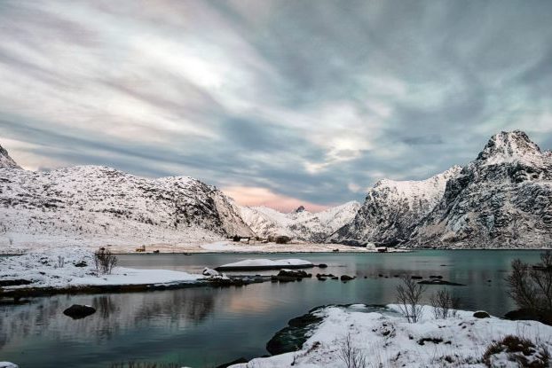 Fjords in Norway druing winter with snow covered mountains