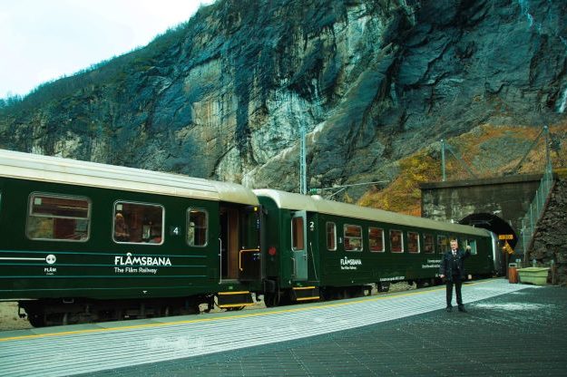 Flåm railway train on the station