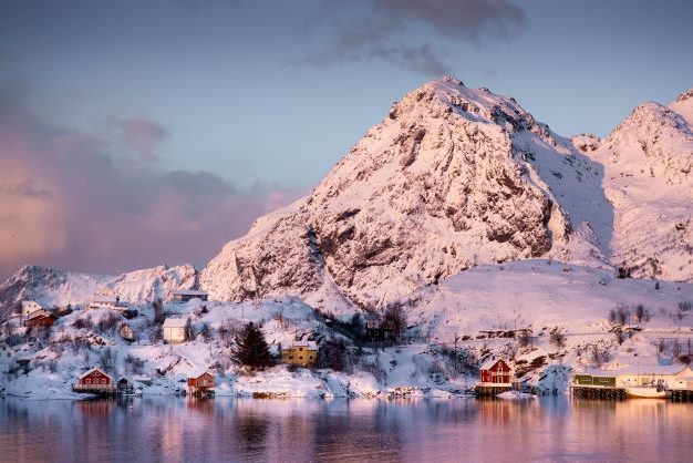 Magical sunset over small village in Loftoten Norway