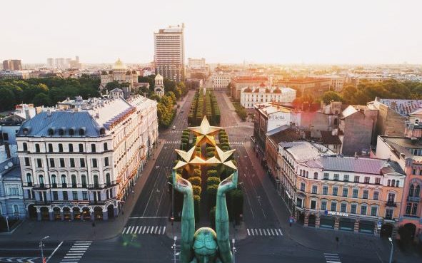 Freedom statue from the top with Riga town in the background