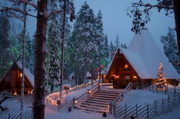 Santas village in Finnish Lapland during night time