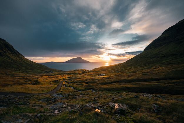 Sunset over the sea on Faroe Islands